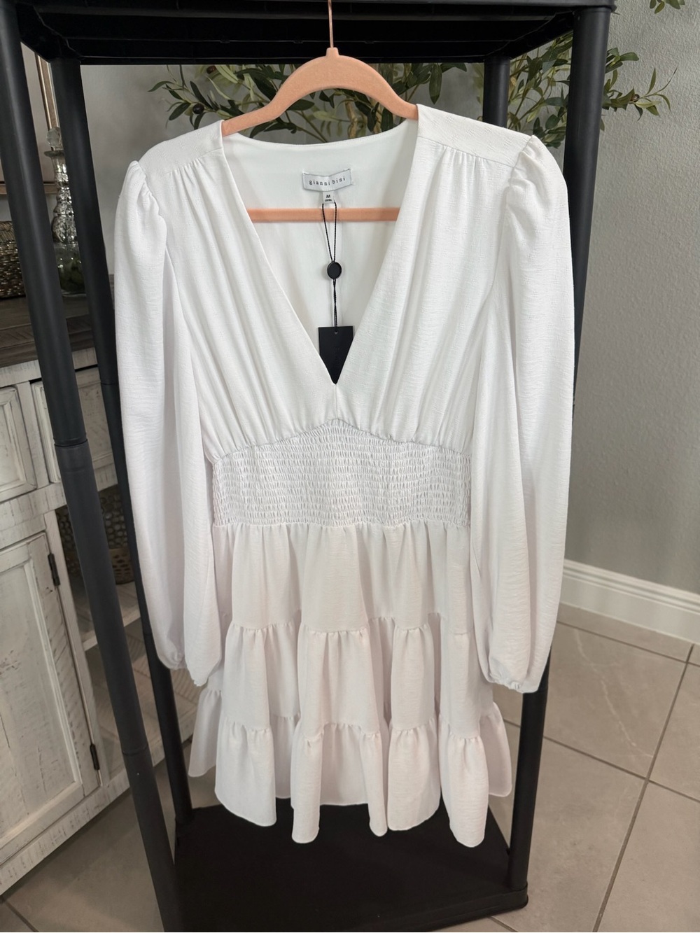 Gianni Bini White V-Neck Smocked Tiered Midi Dress